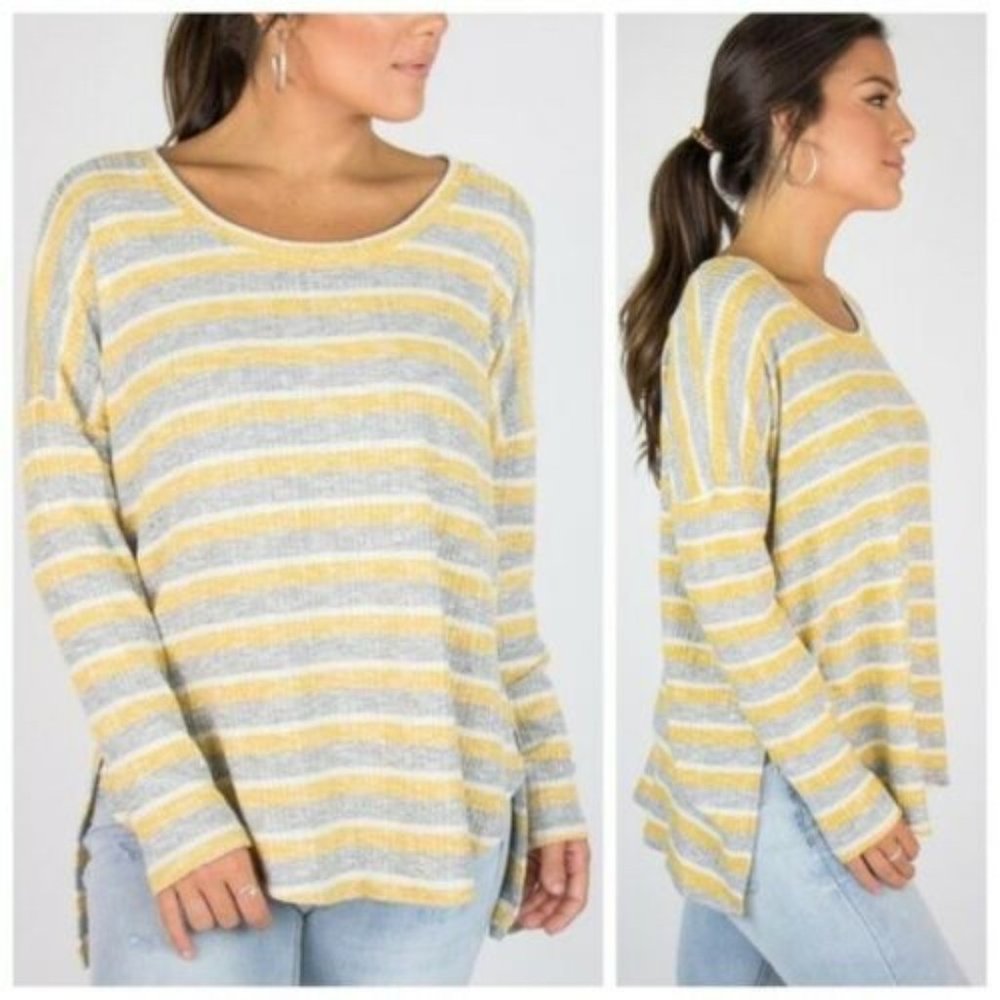 Yellow Gray Striped Tunic Long Sleeve Scoop Neck S